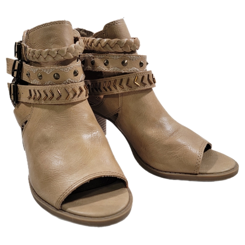 Sugar Womens Riverdale Ankle Booties Brown Block Heel Studded Beads Back Zip 9.5